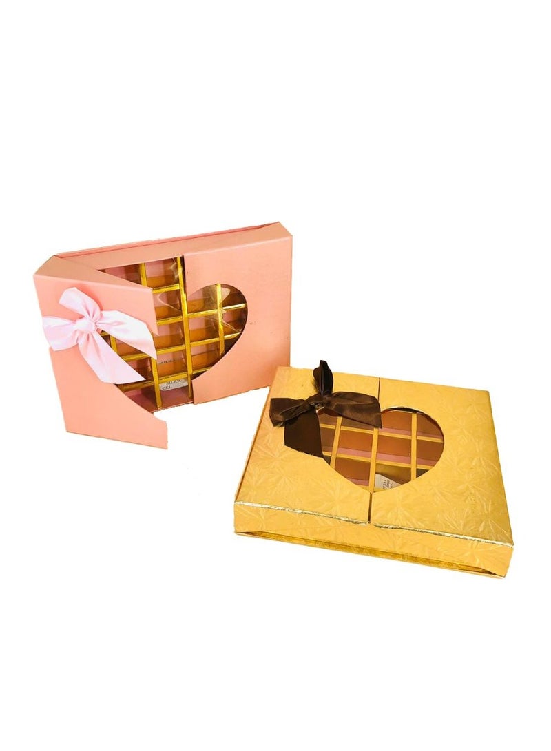 صندوق هدايا زهور ذهبية مع نافذة على شكل قلب - تعبئة مميزة للشوكولاتة والعطور - Image 1