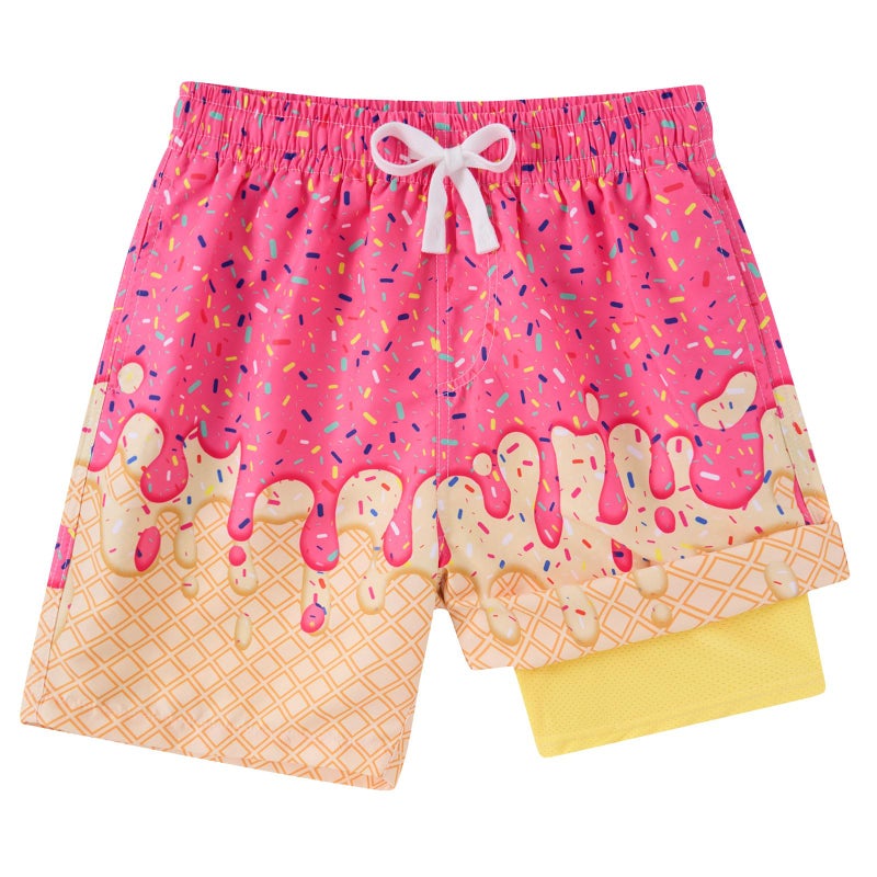 westwolf Swim Trunks Boys with Compression Liner Swim Shorts Pink Ice Cream Size 6-7 Years Boy Sports Shorts Yellow Waffle Bathing Suits Swimwear - Image 1