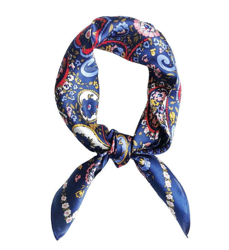 MEISEE Pure Natural Mulberry Silk Scarfs Women Small Square Scarf 21" x 21" Breathable Lightweight Neckerchief Printed Headscarf (New Blue flowers) - Image 1