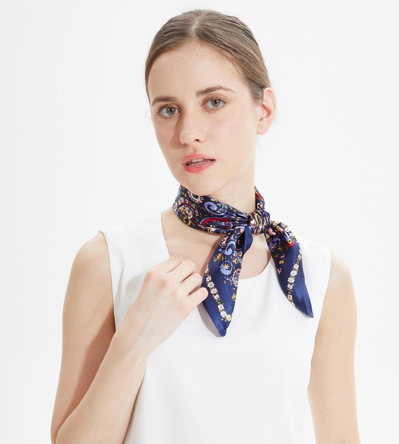 MEISEE Pure Natural Mulberry Silk Scarfs Women Small Square Scarf 21" x 21" Breathable Lightweight Neckerchief Printed Headscarf (New Blue flowers) - Image 2