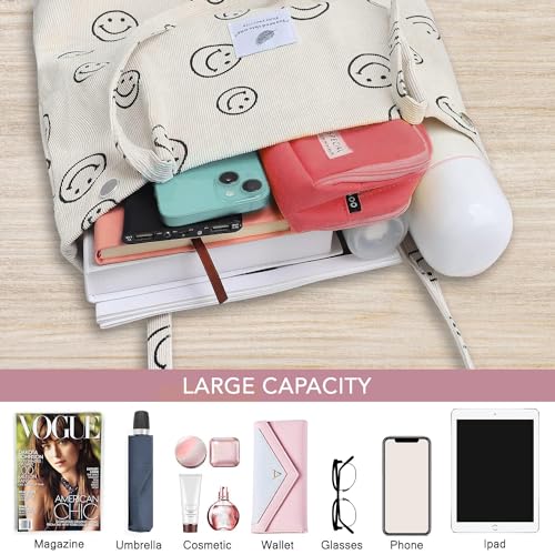 Kawn® Women Corduroy Tote Bag Canvas Shoulder Purse Reusable Shopping Bag Grocery Bag Large Capacity Washable Handbag Girls Shoulder Bag with Inner Pocket For Daily Use Work Travel (Smiley Beige) - Image 3