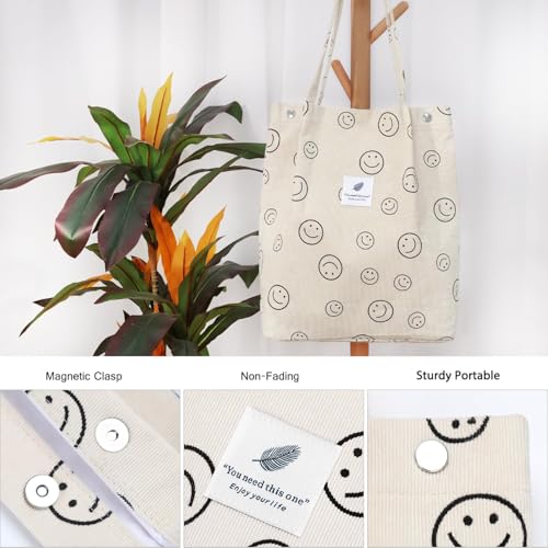 Kawn® Women Corduroy Tote Bag Canvas Shoulder Purse Reusable Shopping Bag Grocery Bag Large Capacity Washable Handbag Girls Shoulder Bag with Inner Pocket For Daily Use Work Travel (Smiley Beige) - Image 5