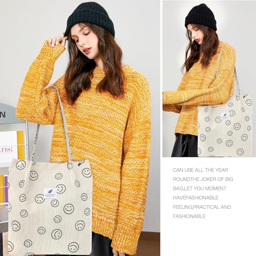 Kawn® Women Corduroy Tote Bag Canvas Shoulder Purse Reusable Shopping Bag Grocery Bag Large Capacity Washable Handbag Girls Shoulder Bag with Inner Pocket For Daily Use Work Travel (Smiley Beige) - Image 2