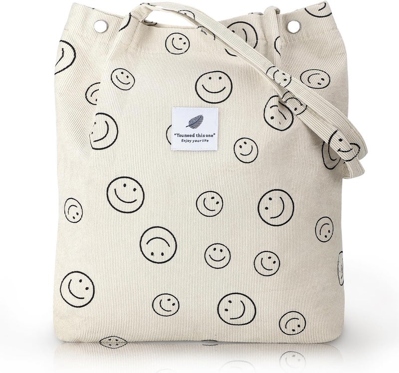 Kawn® Women Corduroy Tote Bag Canvas Shoulder Purse Reusable Shopping Bag Grocery Bag Large Capacity Washable Handbag Girls Shoulder Bag with Inner Pocket For Daily Use Work Travel (Smiley Beige) - Image 1