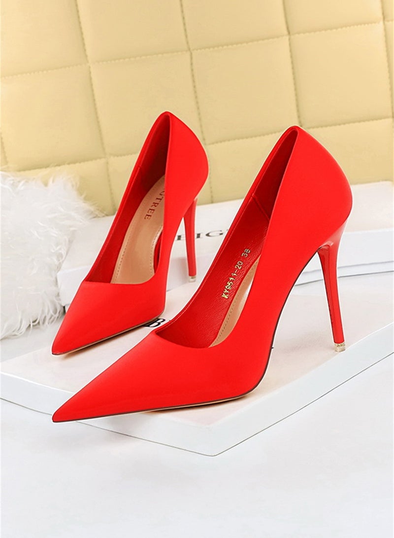 BIGTREE 10.5cm Stylish Pedicure Slim Heels With Slim Satin Pumps With Pointed Toes Red - Image 1