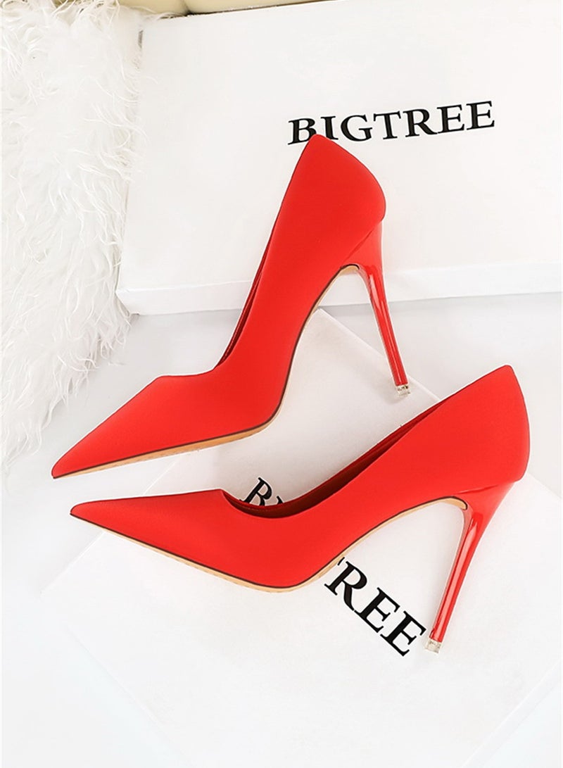 BIGTREE 10.5cm Stylish Pedicure Slim Heels With Slim Satin Pumps With Pointed Toes Red - Image 2