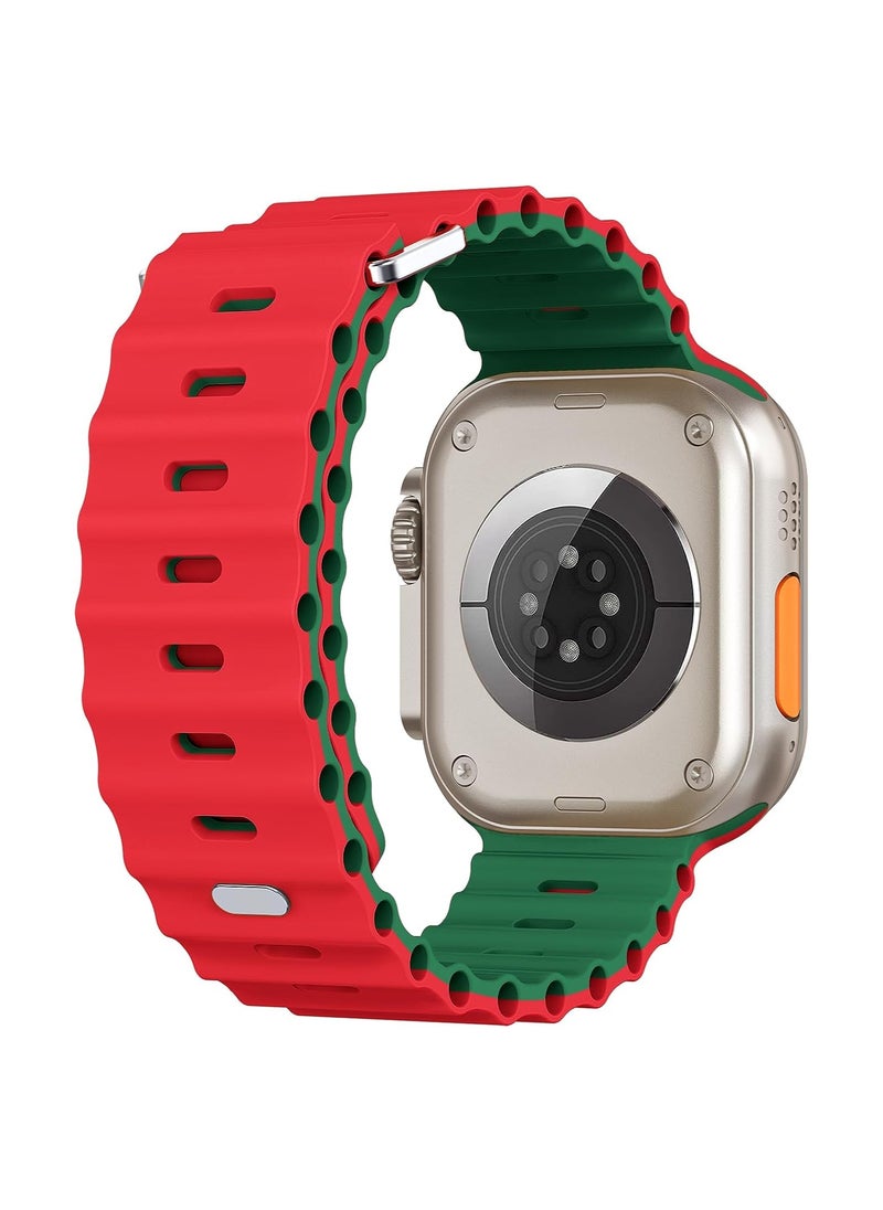 Color Fans - Soft Silicone Ocean Sports Strap Compatible Apple Watch Ultra 49mm 45mm 44mm 42mm for Men Women, Adjustible Watch Band for Apple Watch Ultra/SE/Series 9/8/7/6/5/4/3/2/1 - Red-Emerald Green - Image 1