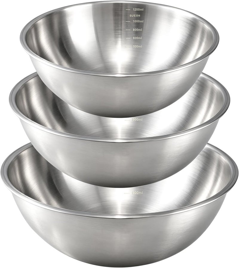 Gronivex 3-Piece Stainless Steel Mixing Bowls Set (17.5",8.7" 9.8" Inches) - Food Grade 304 with Measurement Marks, Dishwasher Safe & Stackable - Perfect for Baking, Salad Making, Meal Prep and Kitchen Use - Image 1