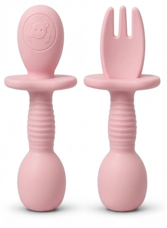SKDBPM Baby Self Feeding Spoon and Fork Set, Silicone, Anti Choke Guard, Soft Training Utensils for Toddlers, Baby Led Weaning (Pink) - Image 1