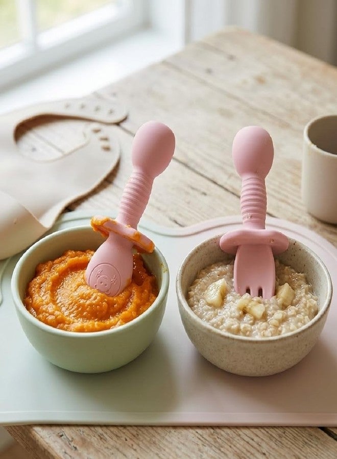 SKDBPM Baby Self Feeding Spoon and Fork Set, Silicone, Anti Choke Guard, Soft Training Utensils for Toddlers, Baby Led Weaning (Pink) - Image 2