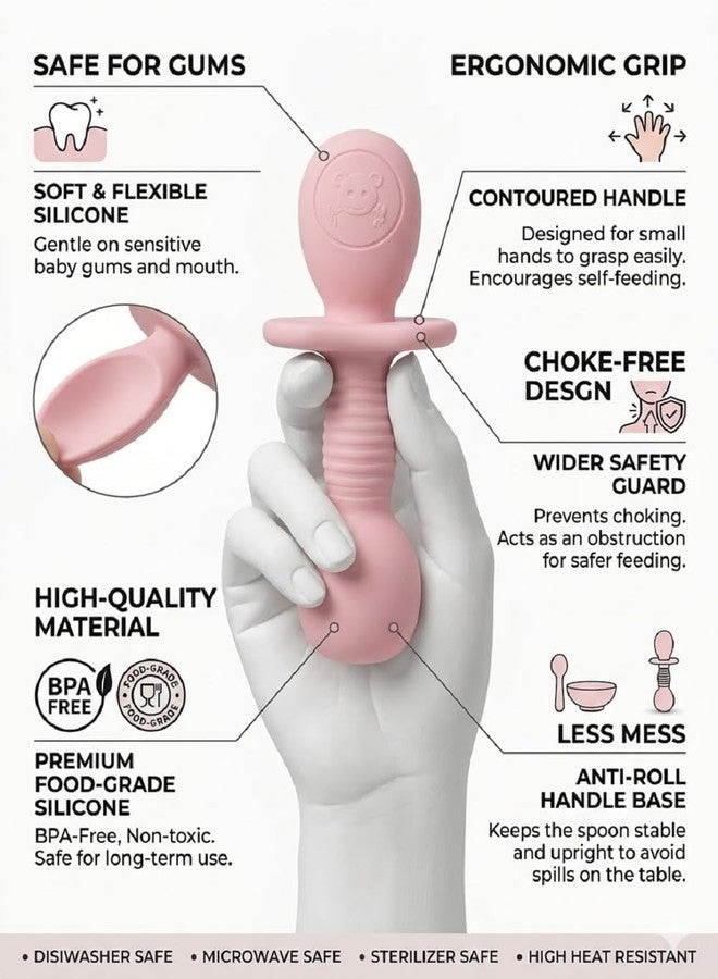 SKDBPM Baby Self Feeding Spoon and Fork Set, Silicone, Anti Choke Guard, Soft Training Utensils for Toddlers, Baby Led Weaning (Pink) - Image 3