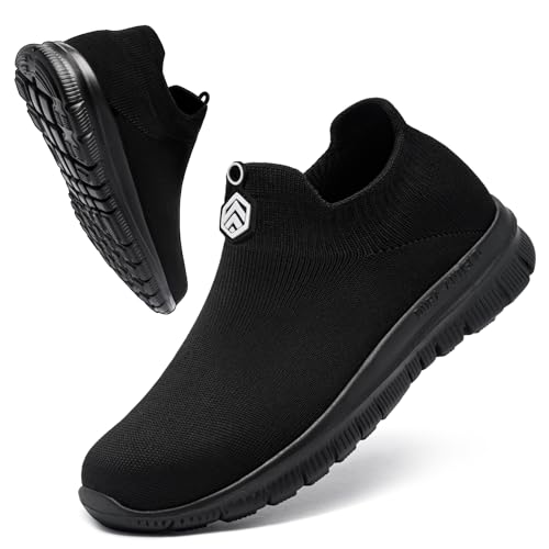 LARNMERN Slip On Steel Toe Shoes Men Women Casual Sock Sneakers Non Slip Safety Work Shoes Lightweight Comfortable Breathable Construction Running Walking Tennis Footwear(12.5 Women/10.5 Men,Black)