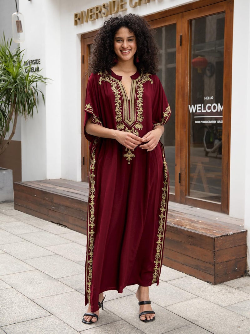 KECVOT Kaftan Dresses for Women Embroidered Short Sleeve V-neck Plus Size Caftan Bikini Swimsuit Cover-Up Long Beach Dress - Image 4