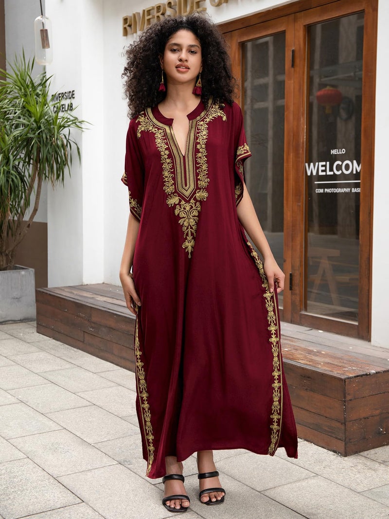 KECVOT Kaftan Dresses for Women Embroidered Short Sleeve V-neck Plus Size Caftan Bikini Swimsuit Cover-Up Long Beach Dress - Image 3
