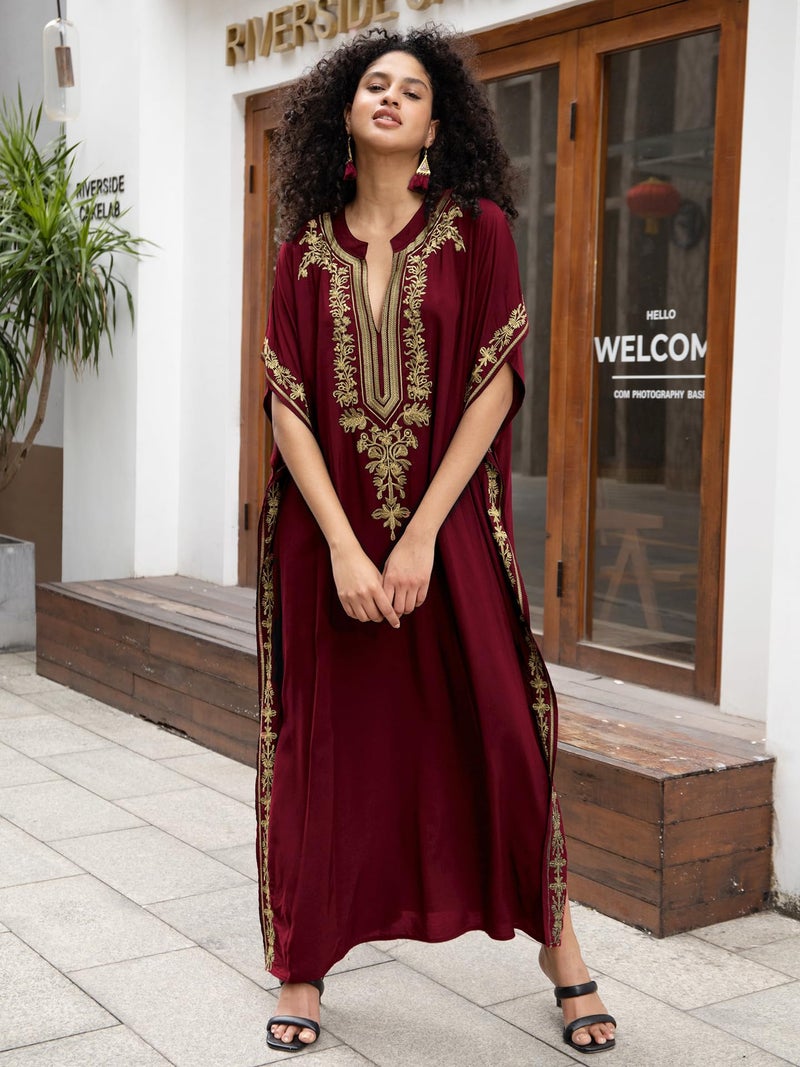 KECVOT Kaftan Dresses for Women Embroidered Short Sleeve V-neck Plus Size Caftan Bikini Swimsuit Cover-Up Long Beach Dress - Image 2