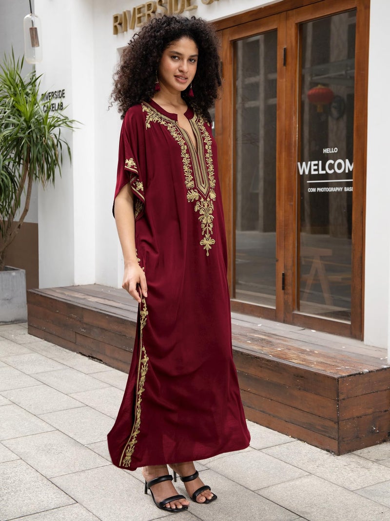 KECVOT Kaftan Dresses for Women Embroidered Short Sleeve V-neck Plus Size Caftan Bikini Swimsuit Cover-Up Long Beach Dress - Image 5