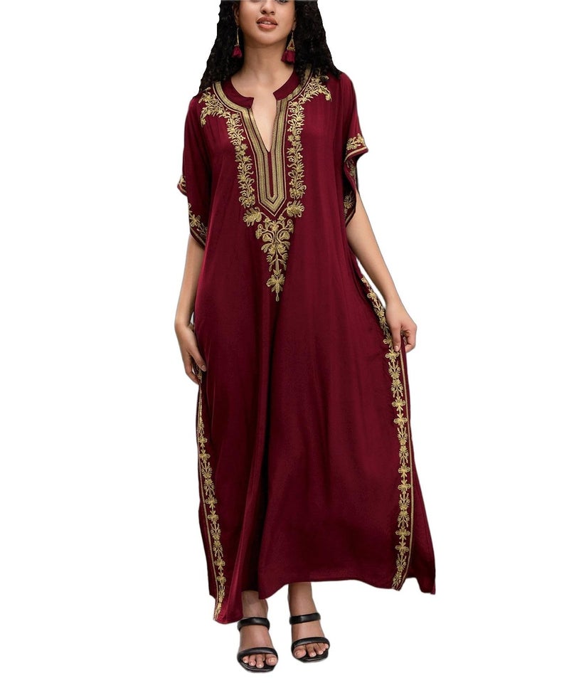 KECVOT Kaftan Dresses for Women Embroidered Short Sleeve V-neck Plus Size Caftan Bikini Swimsuit Cover-Up Long Beach Dress - Image 1