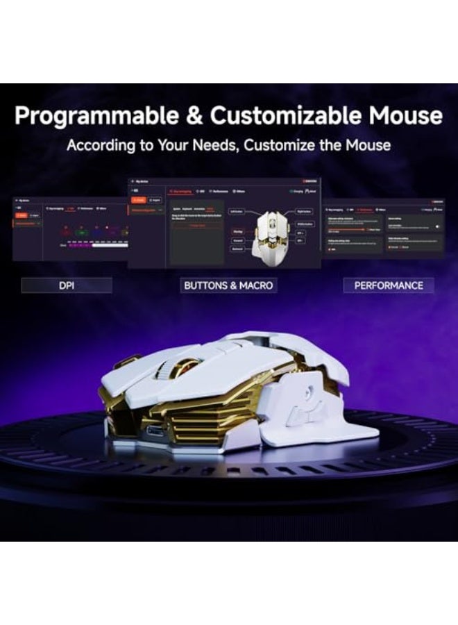 EWEADN G5 Wireless Gaming Mouse, 12800 Adjustable DPI RGB Mouse with 6 Backlit Modes, Rapid Fire Key, 9 Programmable Macro Buttons, Rechargeable Bluetooth Mouse for PC/Mac/Laptop - White - Image 5