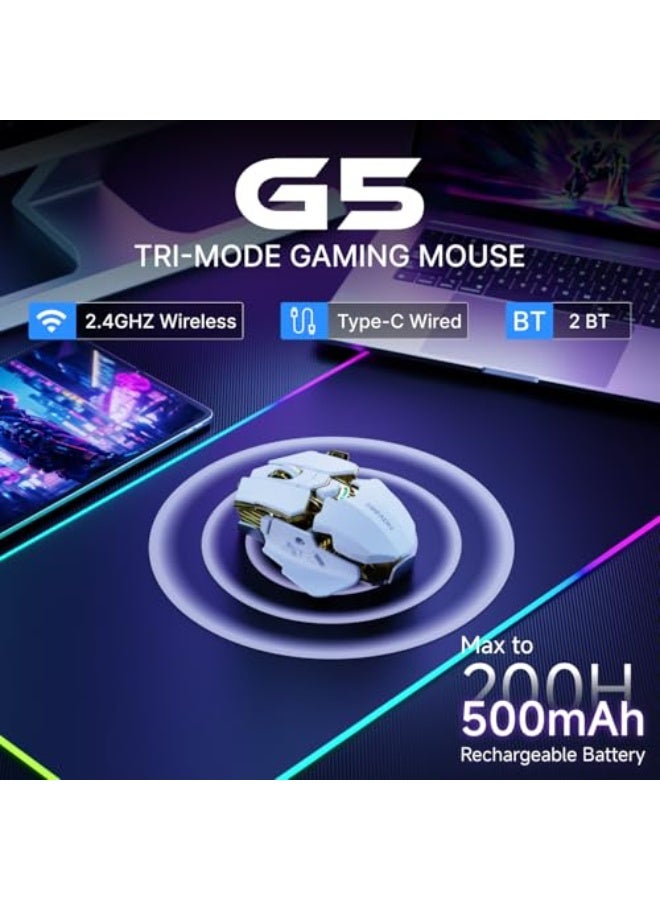 EWEADN G5 Wireless Gaming Mouse, 12800 Adjustable DPI RGB Mouse with 6 Backlit Modes, Rapid Fire Key, 9 Programmable Macro Buttons, Rechargeable Bluetooth Mouse for PC/Mac/Laptop - White - Image 3