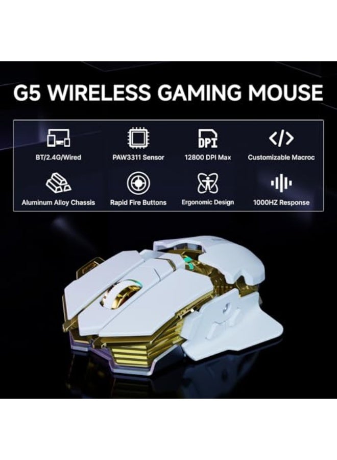EWEADN G5 Wireless Gaming Mouse, 12800 Adjustable DPI RGB Mouse with 6 Backlit Modes, Rapid Fire Key, 9 Programmable Macro Buttons, Rechargeable Bluetooth Mouse for PC/Mac/Laptop - White - Image 2