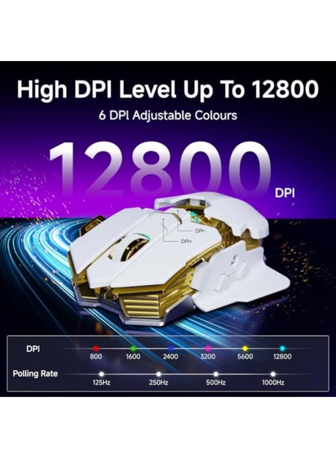 EWEADN G5 Wireless Gaming Mouse, 12800 Adjustable DPI RGB Mouse with 6 Backlit Modes, Rapid Fire Key, 9 Programmable Macro Buttons, Rechargeable Bluetooth Mouse for PC/Mac/Laptop - White - Image 4