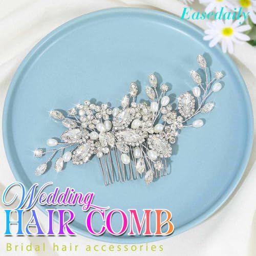 Easedaily Crystal Bride Wedding Hair Comb Silver Rhinestone Bridal Hair Piece Pearl Side Combs Hair Accessories for Women and Girls - Image 2