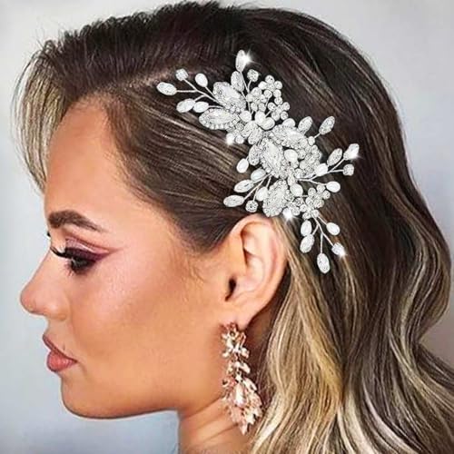 Easedaily Crystal Bride Wedding Hair Comb Silver Rhinestone Bridal Hair Piece Pearl Side Combs Hair Accessories for Women and Girls - Image 1
