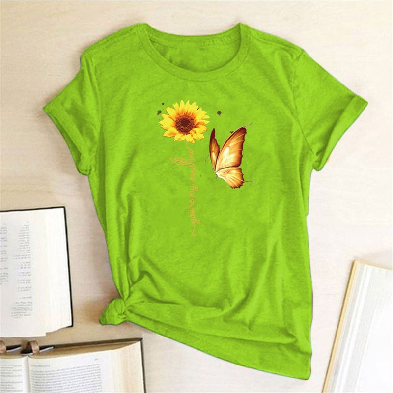 Wish Independent Station Butterfly Sunflower Pattern Printed Short Sleeve T-Shirt - Image 5