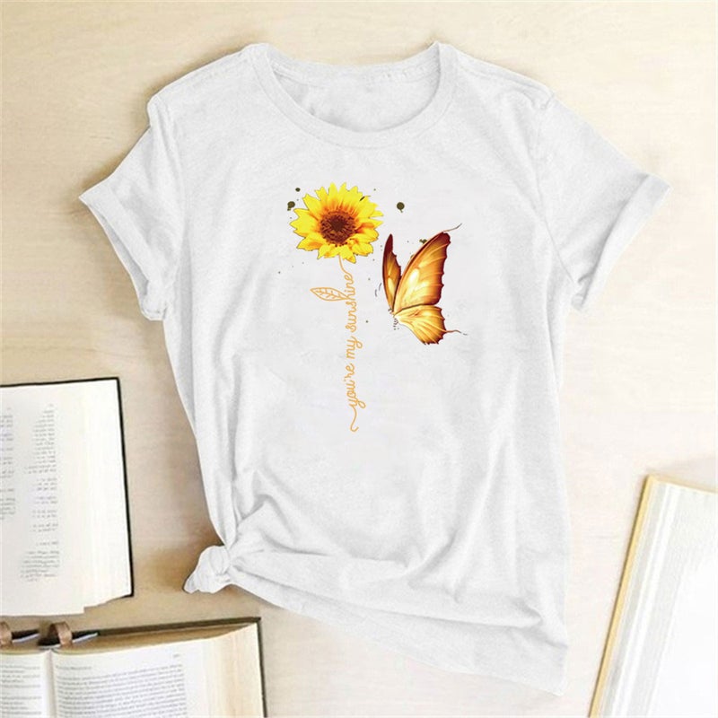 Wish Independent Station Butterfly Sunflower Pattern Printed Short Sleeve T-Shirt - Image 1