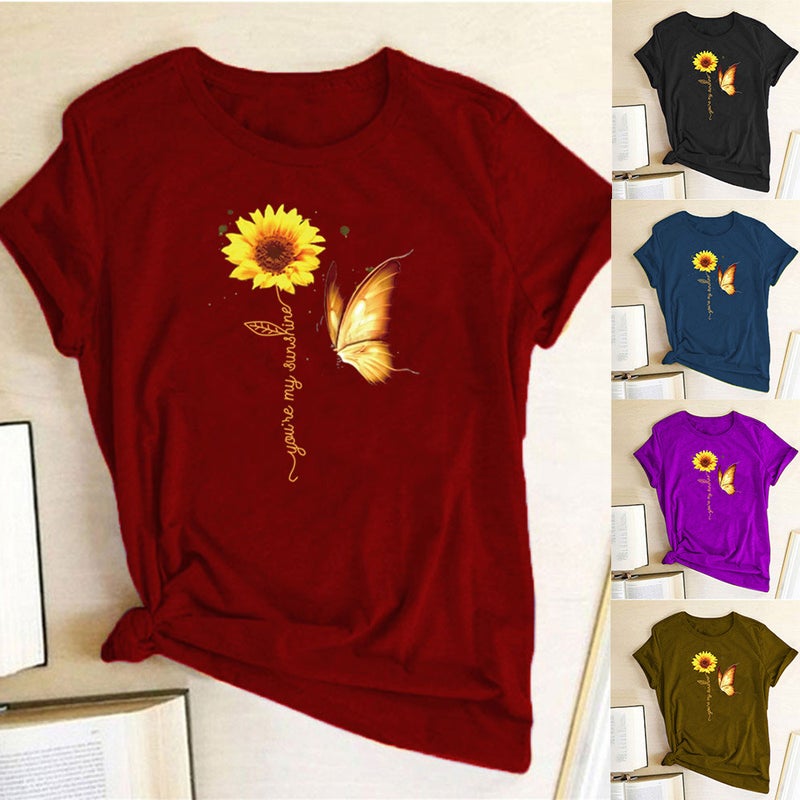 Wish Independent Station Butterfly Sunflower Pattern Printed Short Sleeve T-Shirt - Image 2