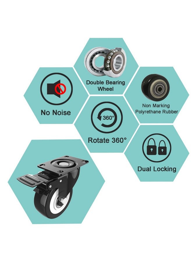 ARRYNTHEON Caster Wheels 2" Locking Casters Set of 4 Heavy Duty Furniture Wheels with Brake, No Noise Polyurethane (PU) Swivel Caster, Load 150 lbs Per Castors (4) - Image 2