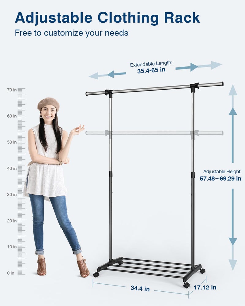 Whitmor Deluxe Adjustable Garment Rack - Rolling Clothes Organizer - Black and Chrome - Image 2