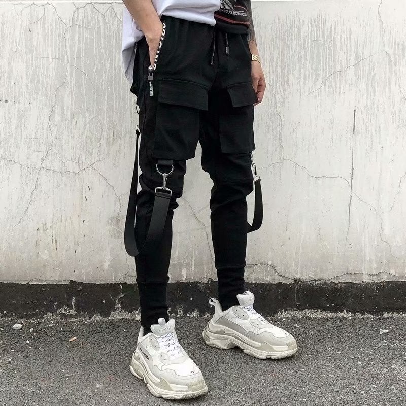 Mens Casual Hip-Hop Pants Loose Trousers with Straps 11 Black 