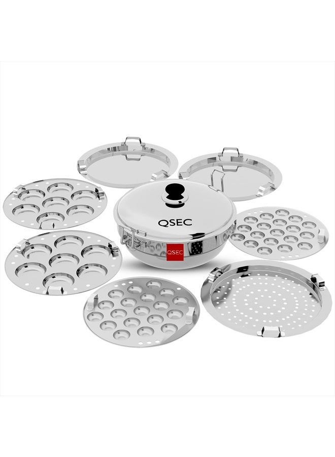 QSEC Stainless Steel Induction Base Idli Maker Multi Kadai Idli Steamer & Idli Cooker With 7 Plates | 2 Mini Idli | 2 Idli | 2 Dhokla | 1 Momo, 4 Literâ€¦ - Image 1