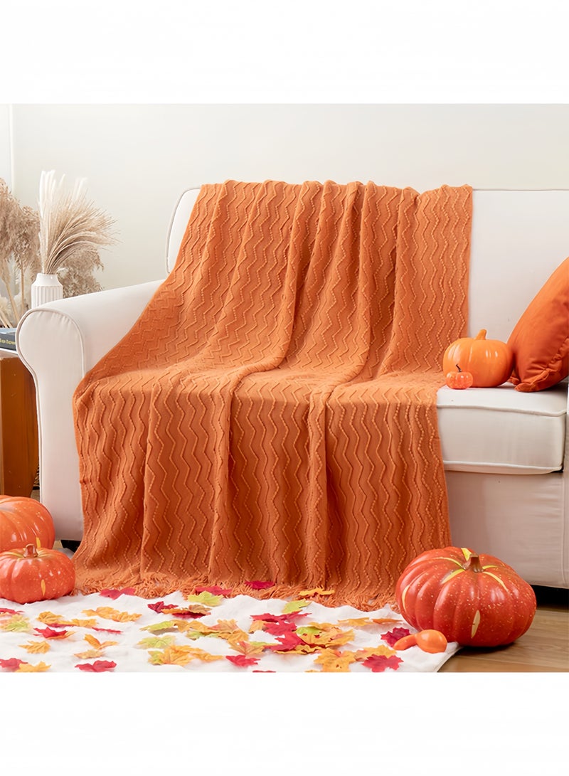 Baytak Tassel Throw Blanket, Acrylic Knitted Cozy Decorative Blanket with Long Tassels for Couch/Bed/Sofa/Travel, All-Season, 127×182 cm, Orange - Image 2
