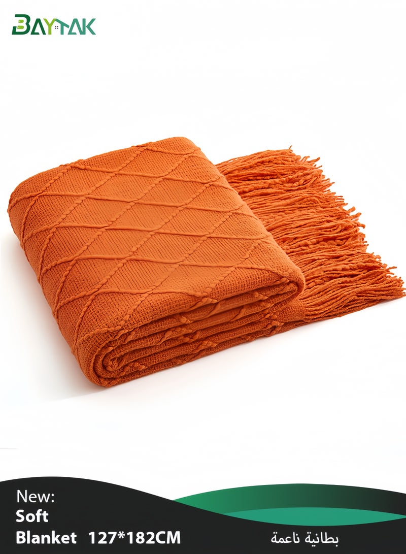 Baytak Tassel Throw Blanket, Acrylic Knitted Cozy Decorative Blanket with Long Tassels for Couch/Bed/Sofa/Travel, All-Season, 127×182 cm, Orange - Image 1