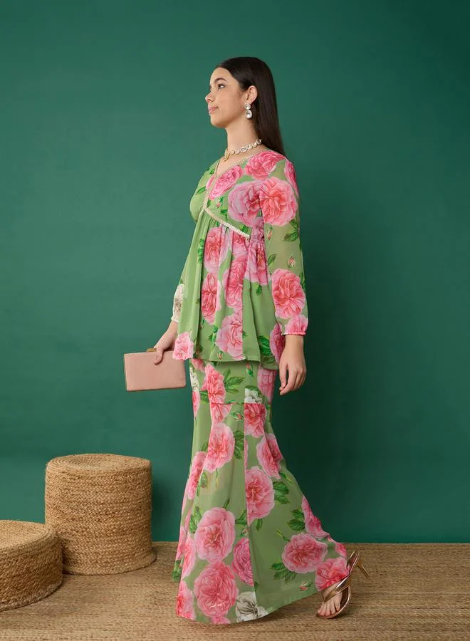 NOH.VOH Floral Print Peplum Top With Sharara Pants by Styli