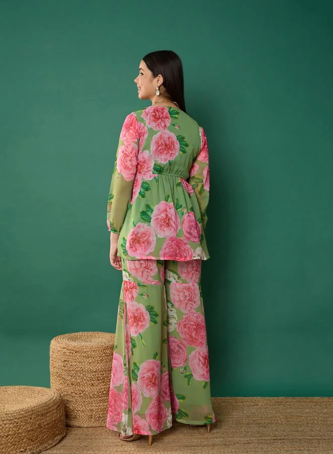 NOH.VOH Floral Print Peplum Top With Sharara Pants by Styli