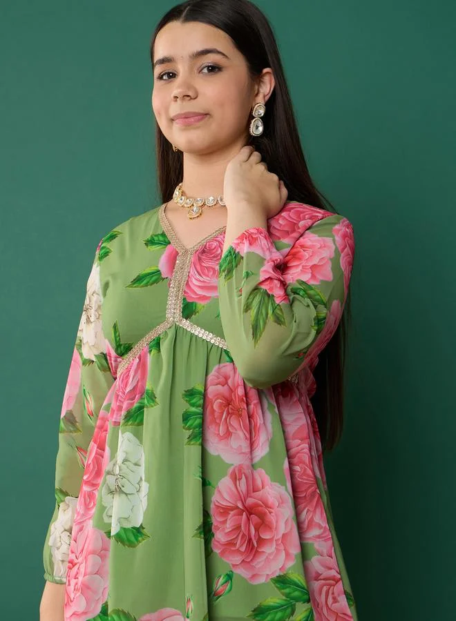 NOH.VOH Floral Print Peplum Top With Sharara Pants by Styli