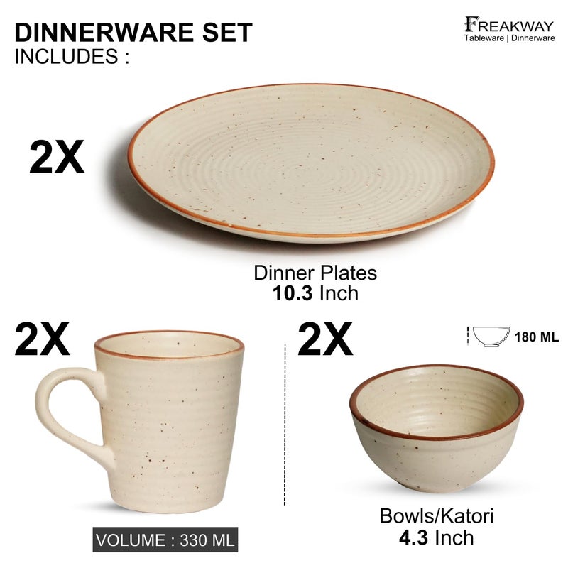 Freakway HandPainted Ceramic Plates for Dinner Set of 6 Pcs 2 Dinner Plates 10 Inch 2 Coffee Mugs 2 Serving Bowls 180 Ml Microwave Dishwasher Safe Off White - Image 2