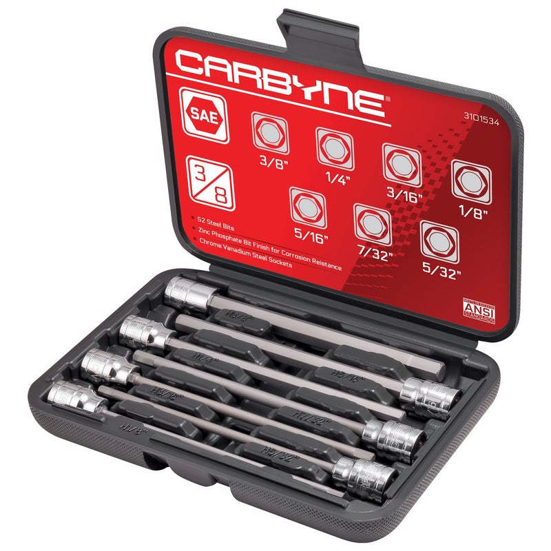 CARBYNE 7-Piece SAE Extra Long Hex (Allen) Bit Socket Set, 1/8 in. - 3/8 in. Sizes, 3/8 in. Drive, S2 Steel Bits, CrV Sockets â€¢ From a Family-Run Tool Company Based in the U.S.A.