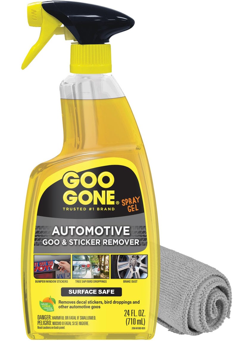 Goo Gone مزيل لاصق جود غون للسيارات، منظف للغراء والأوساخ لملصقات الصدمات، الملصقات، صمغ الأشجار، غبار الفرامل، فضلات الطيور، العلكة، طلاء الرش، الأسفلت، 24 أونصة مع منشفة ميكروفايبر للتلميع - Image 1