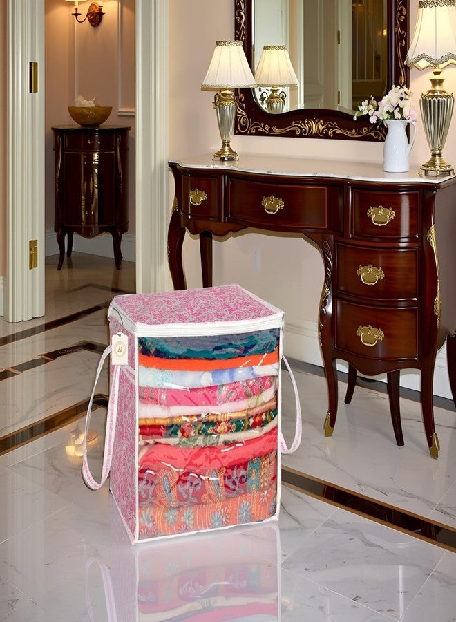 SHAPING FABRIC Pink Floral Fabric Saree Storage Bag with Transparent Front & Zipper Closure - Pack of 01 SNW-440 - Image 1