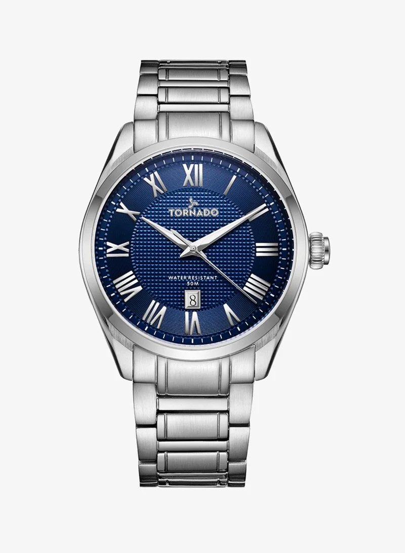 TORNADO Men's Solid stainless steel with Polished and brushed links. 3H with date Display Watch T8007-SBSN - 42mm mm