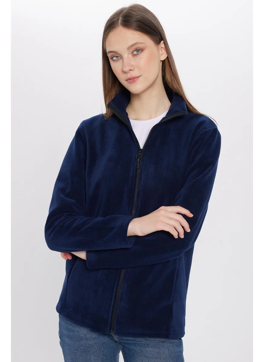 Tudors Standard Fit Full Zipper Non-Pilling Cold-Proof Navy Blue Stand-up Collar Fleece Sweatshirt