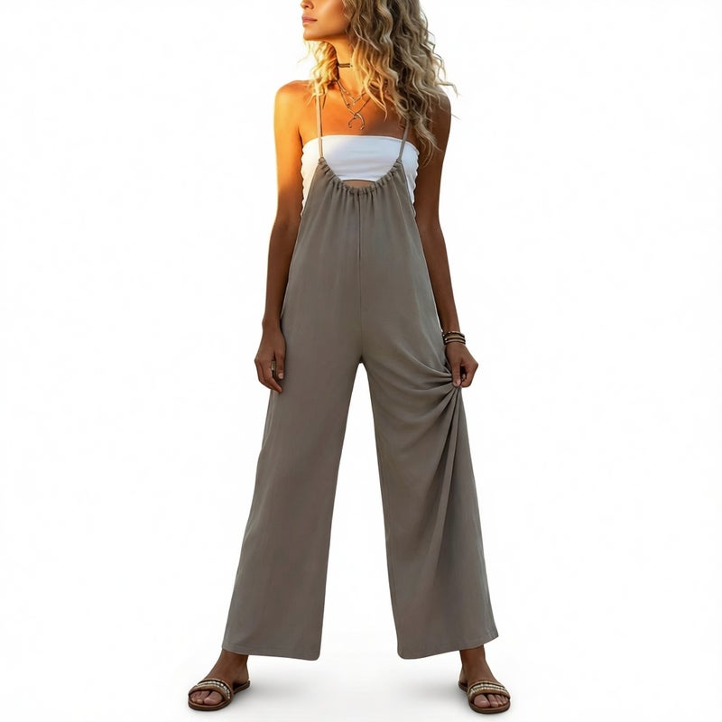 Woven Polyester Sleeveless Wide Leg Long Pants Casual Loose Fit Trousers - Image 1