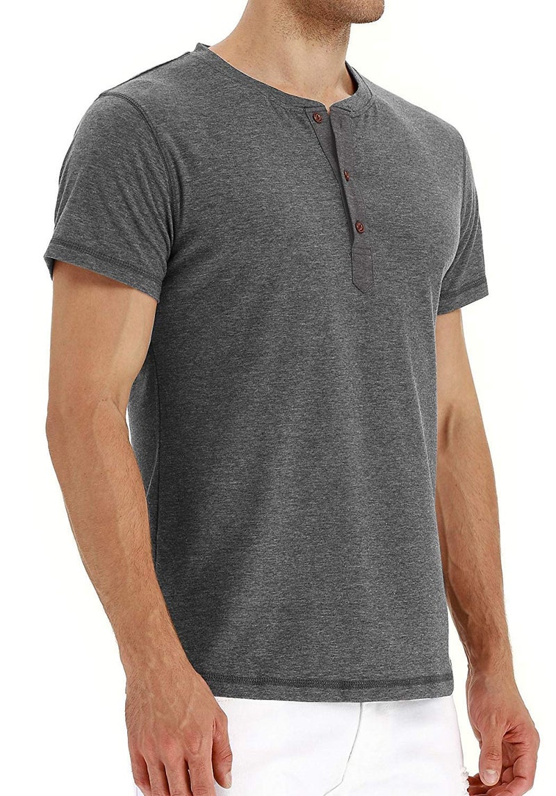 PEGENO Men's Casual Slim Fit Short Sleeve Henley T-Shirts Cotton Shirts (US Medium, Dark Gray) - Image 2