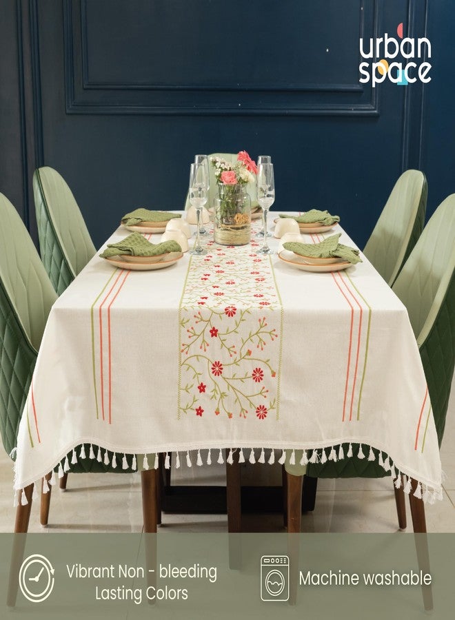 Urban Space غطاء طاولة طعام مستطيل من القطن بنسبة 100% من Urban Space، يتسع لستة أشخاص، مفرش طاولة قطني مطرز فاخر للطاولة الوسطى مع شرابات، غطاء طاولة مستطيل 52 بوصة × 92 بوصة (6 مقاعد، مانجاري) - Image 3