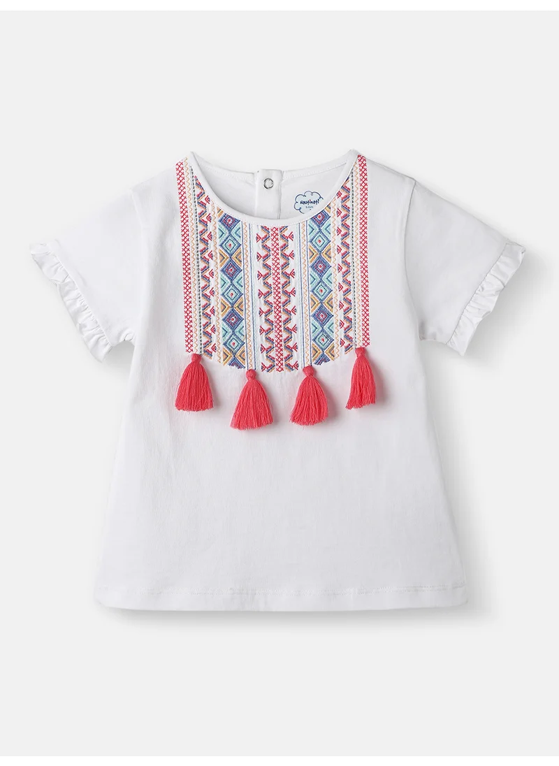 Nautinati Girls’ Cotton Regular Top |Embroidery and Tassels| Half Sleeves with Ruffle Hem|  2-10 Years