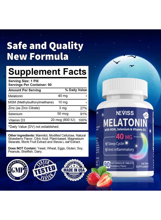 نيفيس ميلاتونين ٤٠ ملغ للبالغين - مكمل غذائي سريع الذوبان وقابل للمضغ تحت اللسان - ميلاتونين فائق القوة مع فيتامين د٣ وميثيل سلفونيل ميثان، وسيلينيوم لدورة نوم صحية، نوم عميق، خالي من السكر، ١٨٠ حصة - Image 2